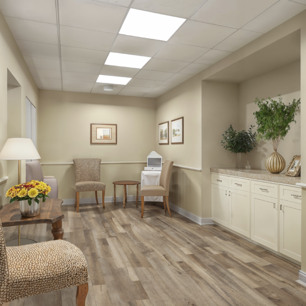 A waiting room in a memory care facility.