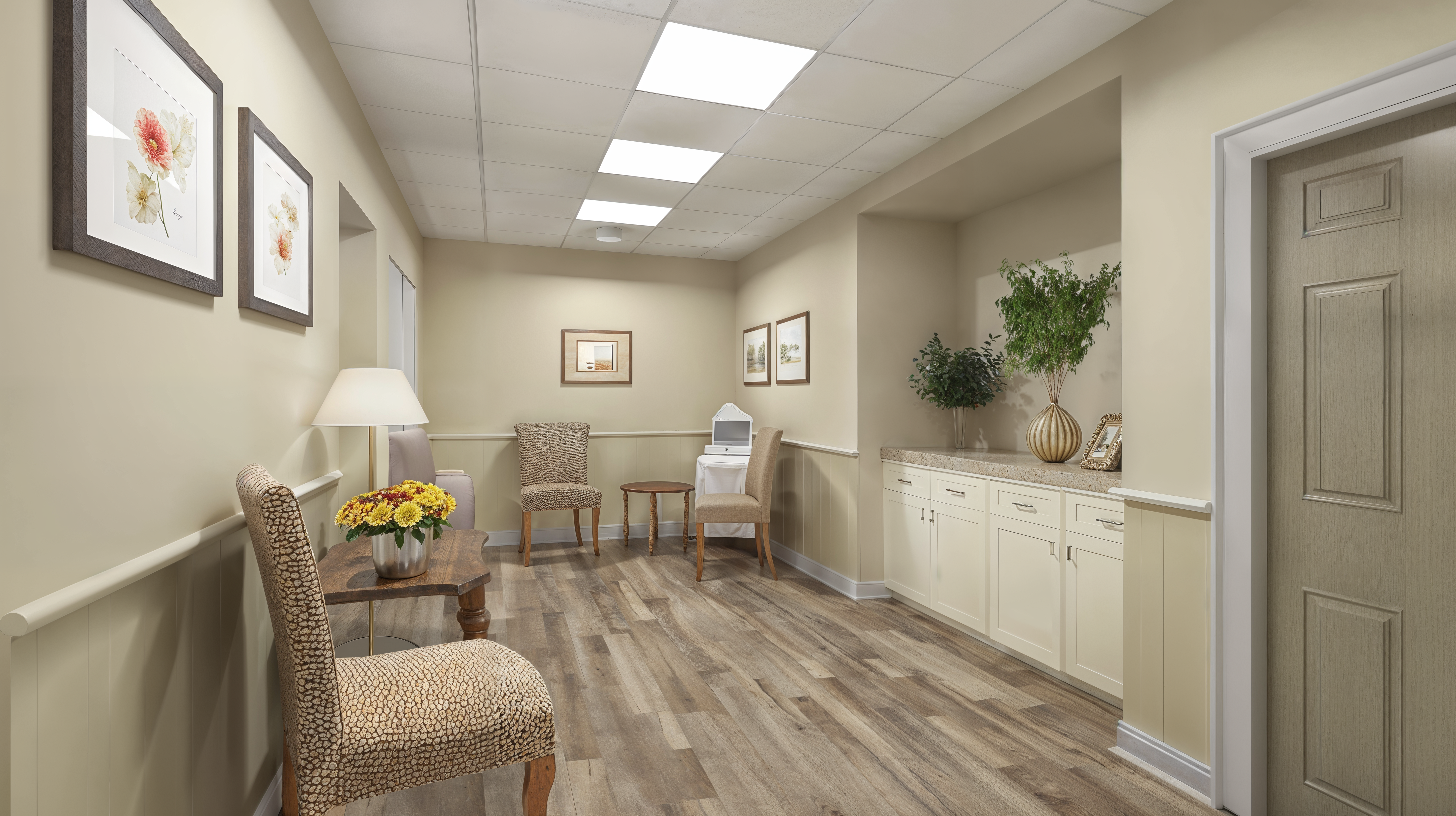 A waiting room in a memory care facility.