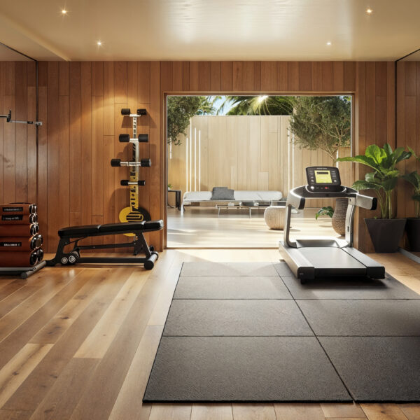 A home gym with wood floors and wall paneling. Mirrors are running along both sides of the room. An exercise mat is on the floor with a treadmill on top, weights and other equipment are spaced throughout the room.