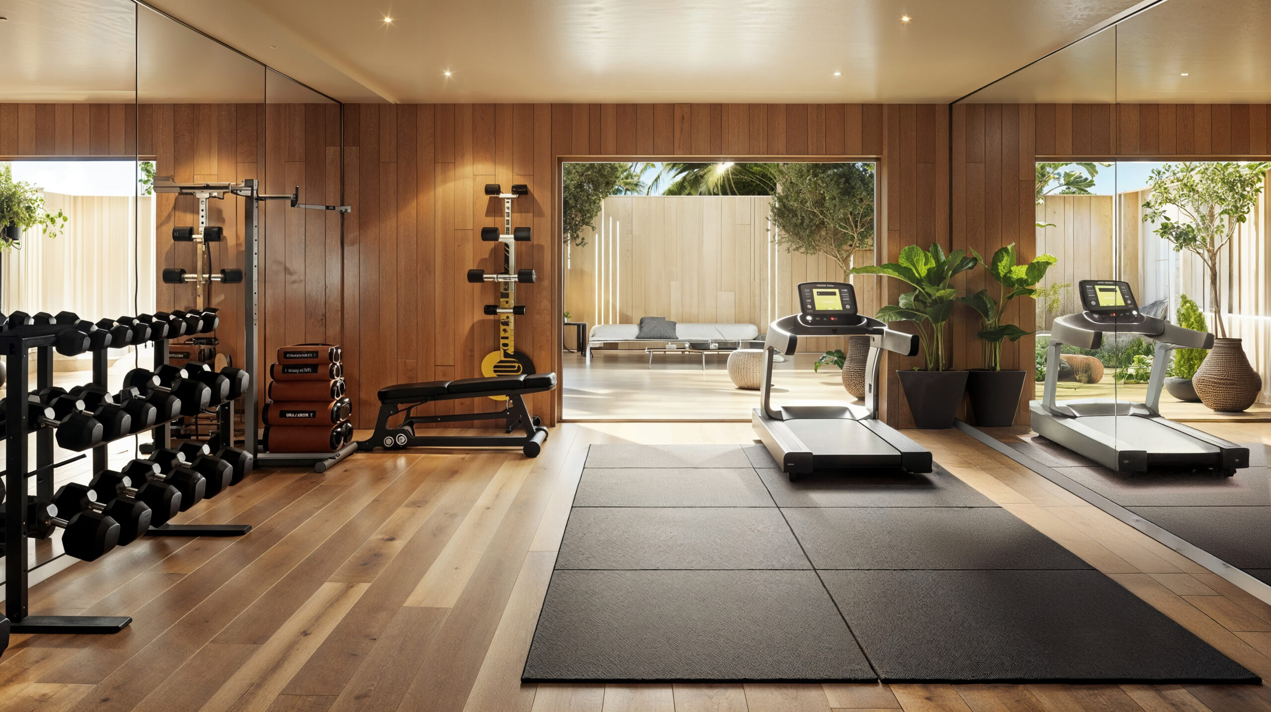 A home gym with wood floors and wall paneling. Mirrors are running along both sides of the room. An exercise mat is on the floor with a treadmill on top, weights and other equipment are spaced throughout the room.