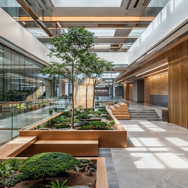 A hallway in an office building that is focused on human-centric design. Wood paneling is running the walls along the right side and glass walls run across the left side with smaller planters in the center giving a warm and inviting appearance.