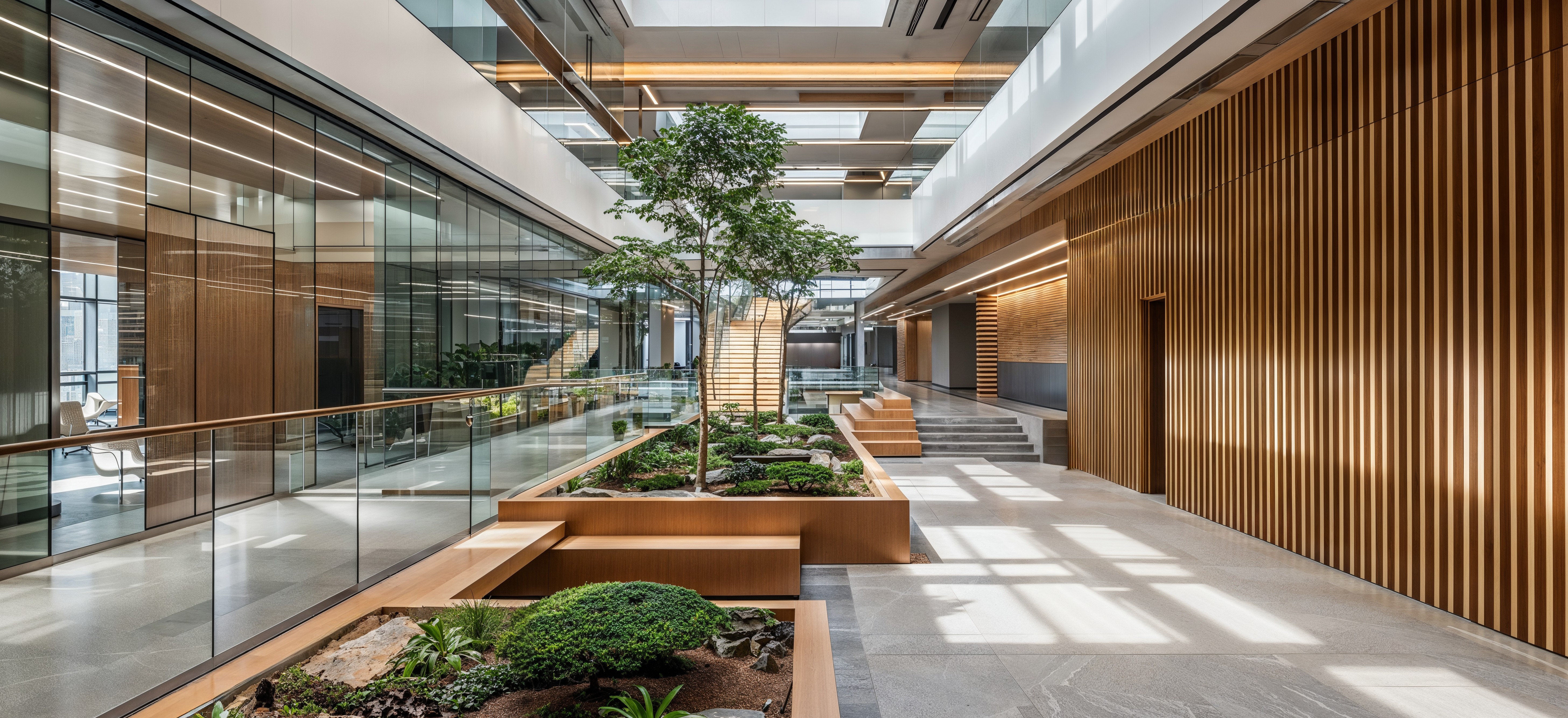 A hallway in an office building that is focused on human-centric design. Wood paneling is running the walls along the right side and glass walls run across the left side with smaller planters in the center giving a warm and inviting appearance.