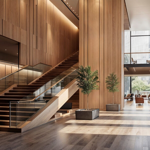 A high-end office building lobby interior with innovative wood paneling and glass walls, featuring an elegant staircase leading to the second floor, showcasing modern furniture and large windows that fill it with natural light.