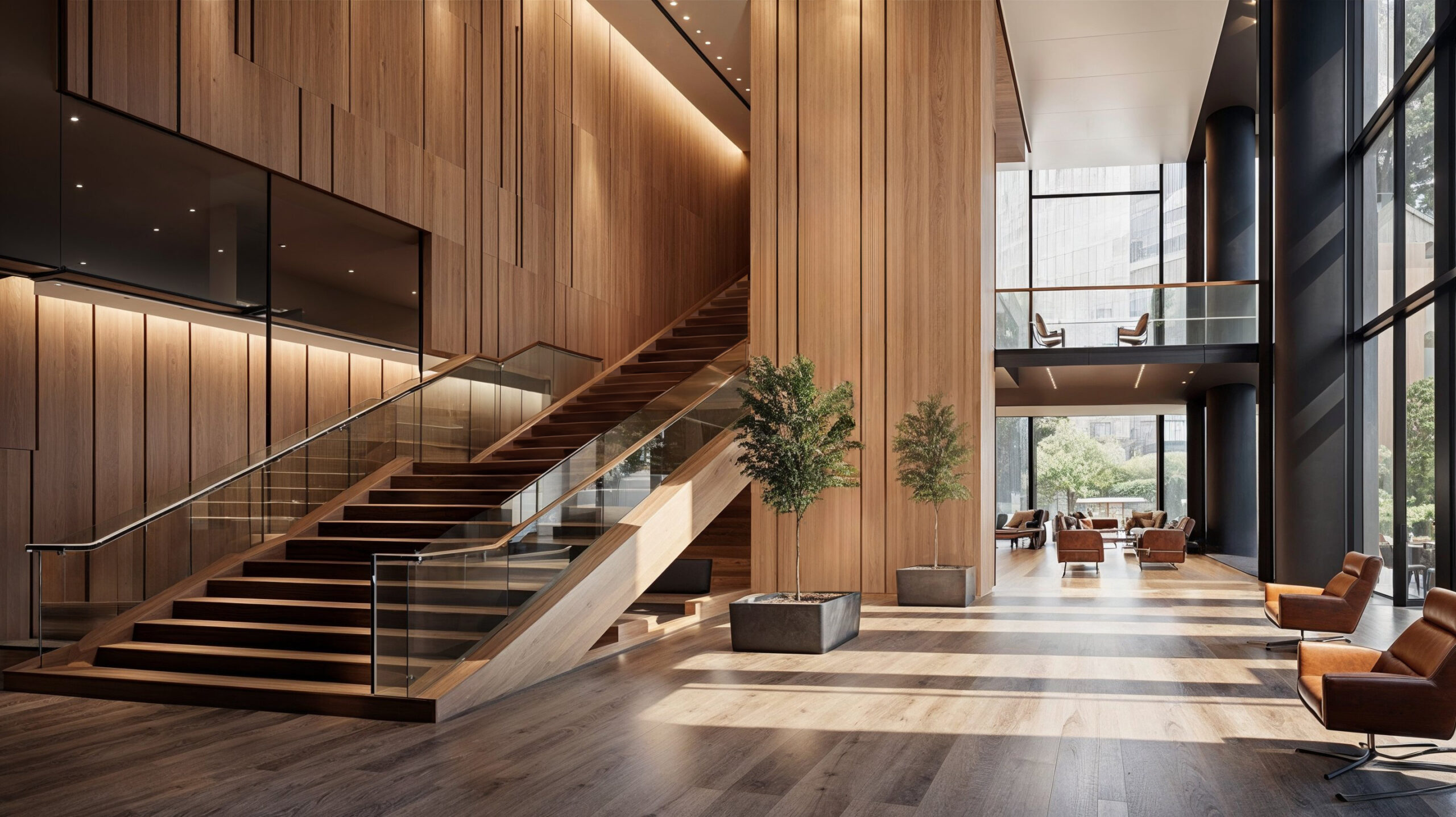 A high-end office building lobby interior with innovative wood paneling and glass walls, featuring an elegant staircase leading to the second floor, showcasing modern furniture and large windows that fill it with natural light.