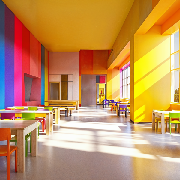 A flexible dining spaces in education showing moveable and stackable furniture in a space that can be used as a cafeteria as well as a space for other activities and after school use.