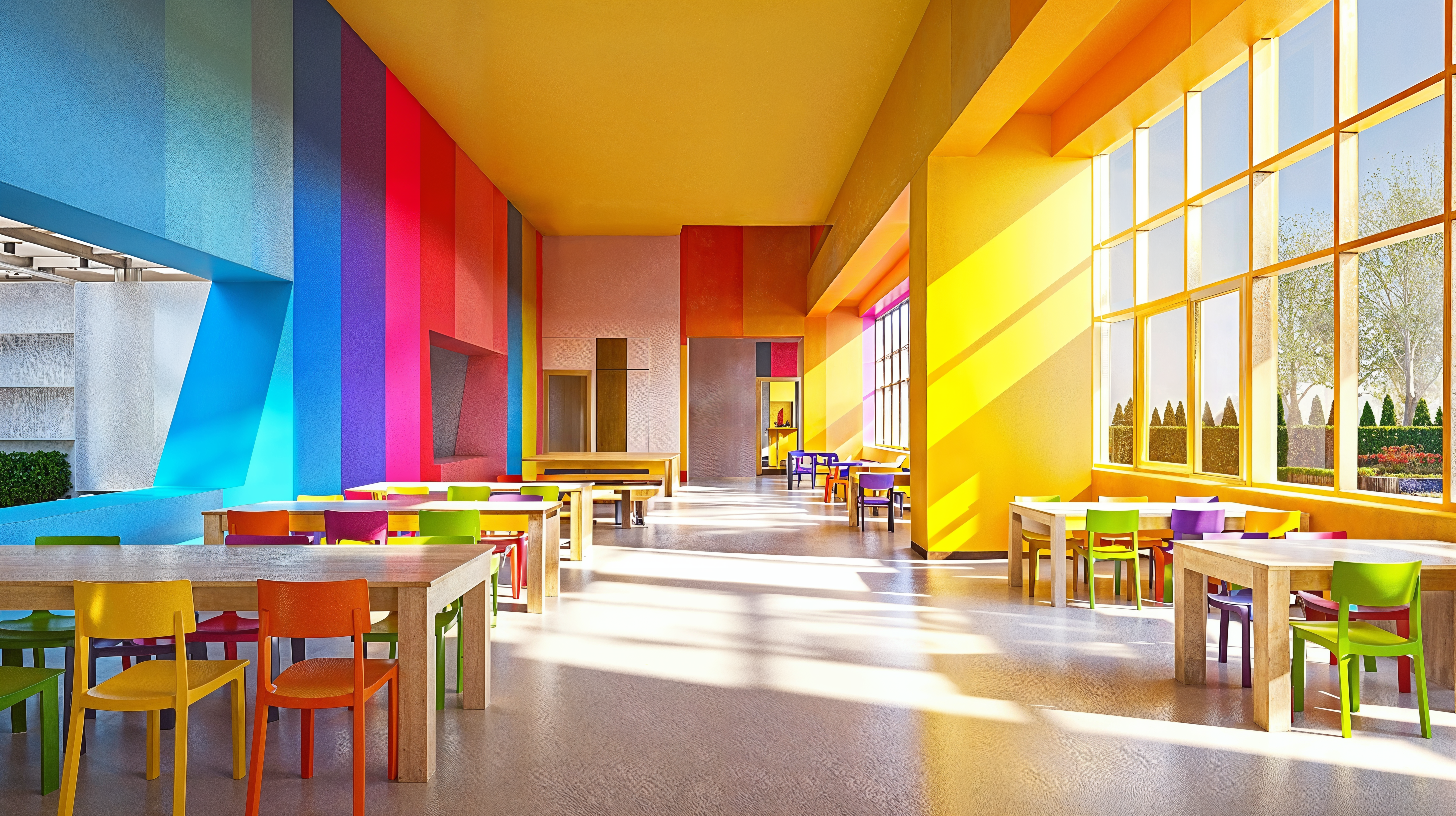 A flexible dining spaces in education showing moveable and stackable furniture in a space that can be used as a cafeteria as well as a space for other activities and after school use.