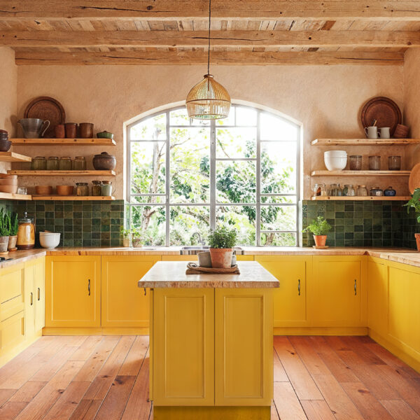 An open yellow kitchen with yellow cabinets, wood countertops, green backsplash tiles, wood floors, arched window over the sink, hanging light fixtures above island, plants on shelves in background, warm tones.