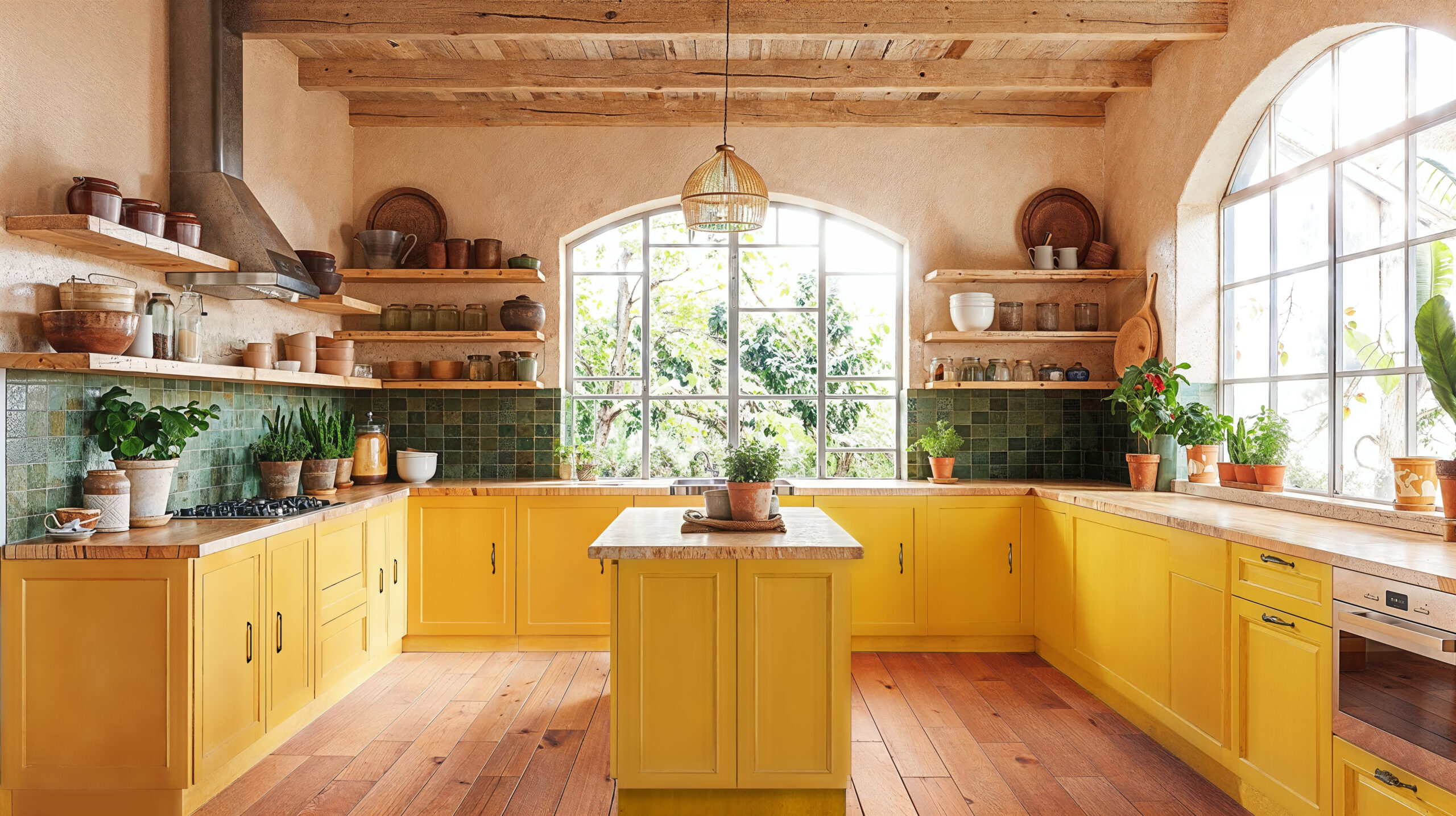 An open yellow kitchen with yellow cabinets, wood countertops, green backsplash tiles, wood floors, arched window over the sink, hanging light fixtures above island, plants on shelves in background, warm tones.