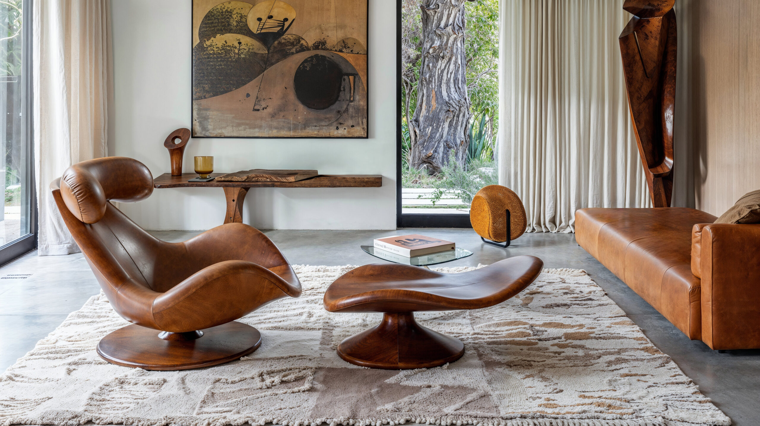 A modern lounge chair in brown leather sitting in the middle of the room atop a white and beige rug over concrete floors. A brown leather sofa sits against a wall with large floor to ceiling windows creating a bright, natural space.