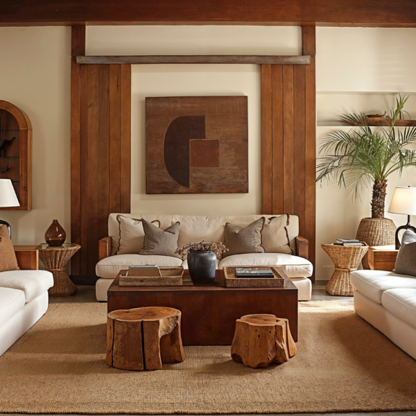 A living room highlighting artisan finishes such as handcrafted wood foot stools, woven rugs and artwork.