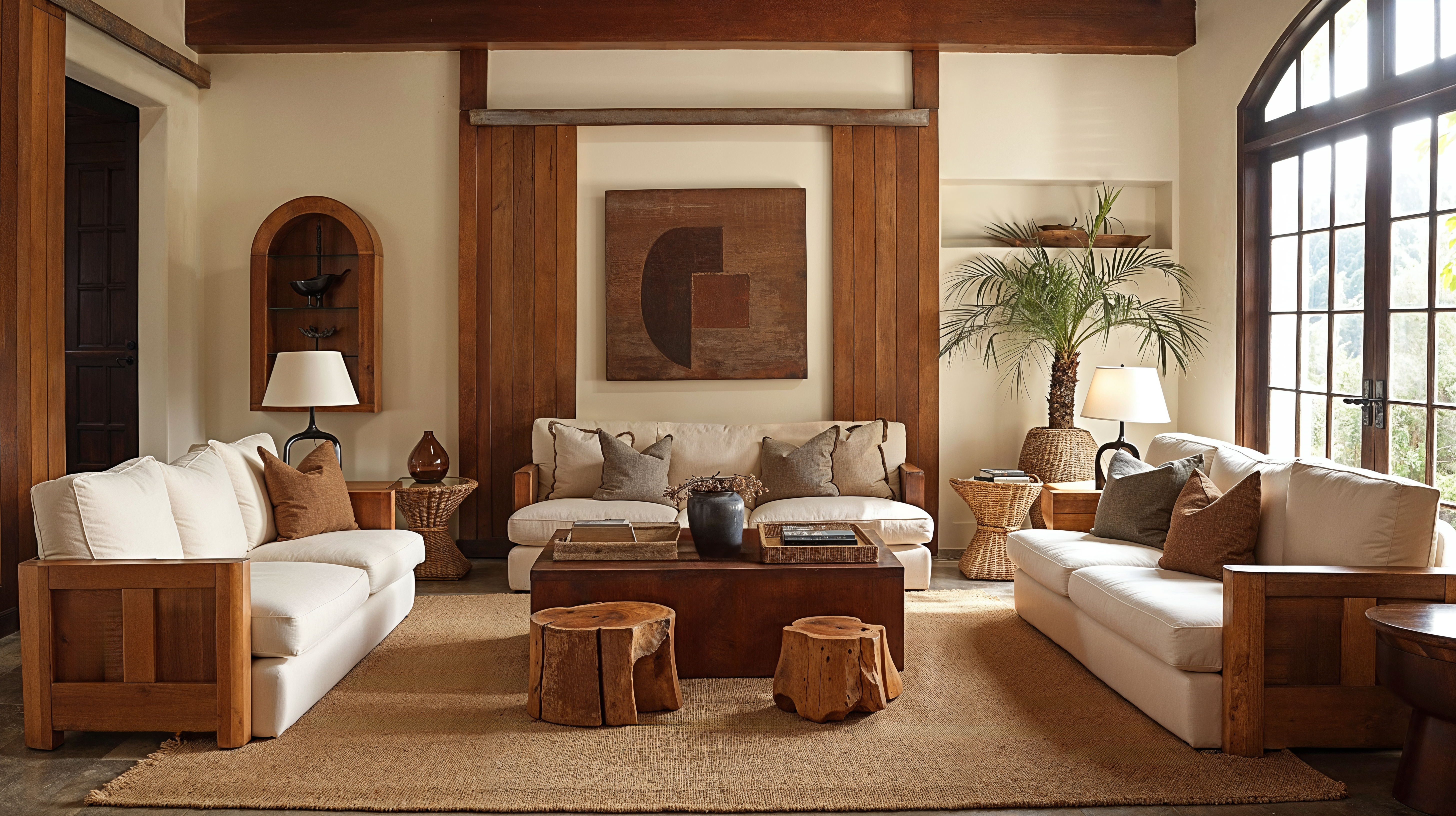 A living room highlighting artisan finishes such as handcrafted wood foot stools, woven rugs and artwork.