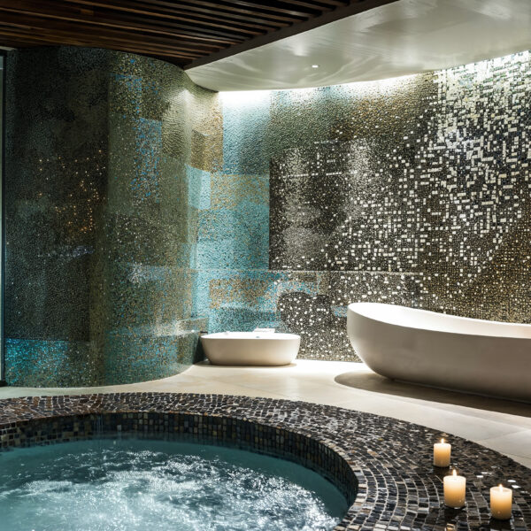 Hotels are Redefining Wellness and incorporating different types of wellness opportunities like this spa that features a bathtub, a jacuzzi tub and shower with micro mosaic tiles in a variety of calming colors throughout.