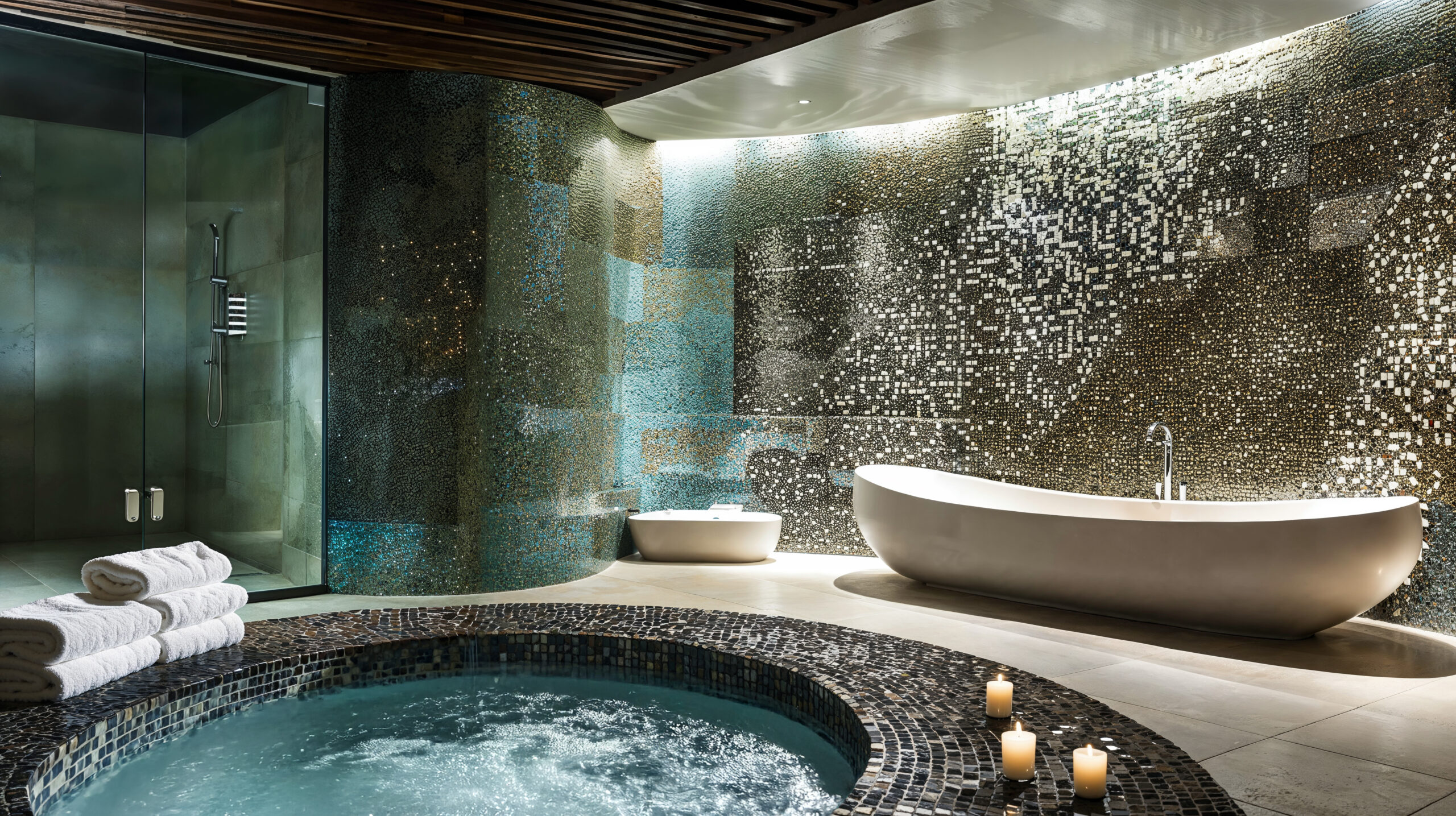 Hotels are Redefining Wellness and incorporating different types of wellness opportunities like this spa that features a bathtub, a jacuzzi tub and shower with micro mosaic tiles in a variety of calming colors throughout.