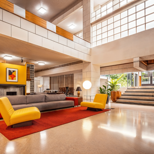 Mid-Century Modern Reimagined in a commercial lobby, with neutral flooring and walls with pops of yellow and red.