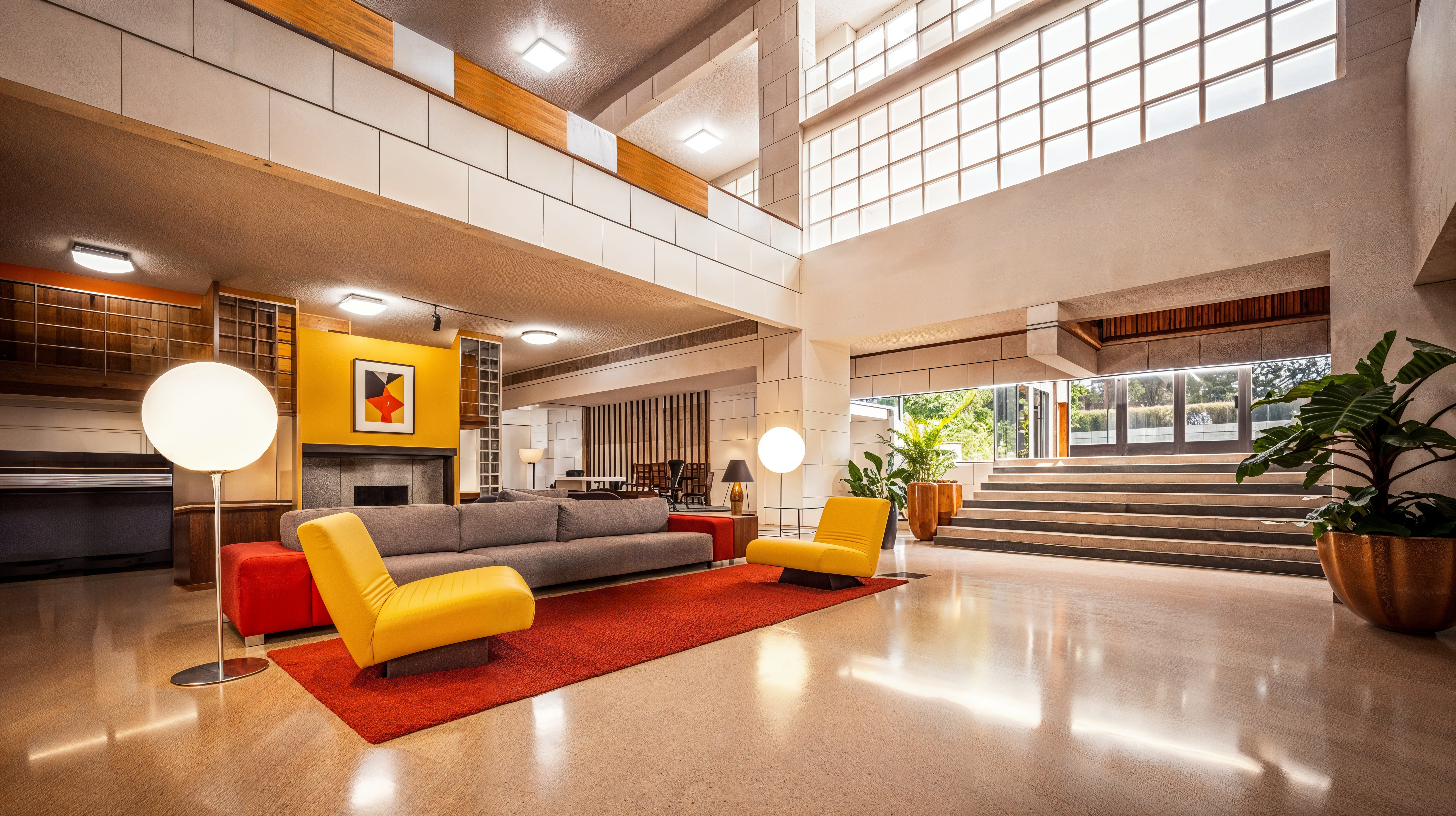 Mid-Century Modern Reimagined in a commercial lobby, with neutral flooring and walls with pops of yellow and red.