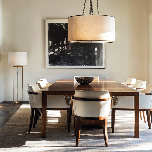 A minimalist dining room featuring a wooden table surrounded by wood and beige upholstered chairs. A beige rug sits underneath the table and rests on top of dark wood floors.