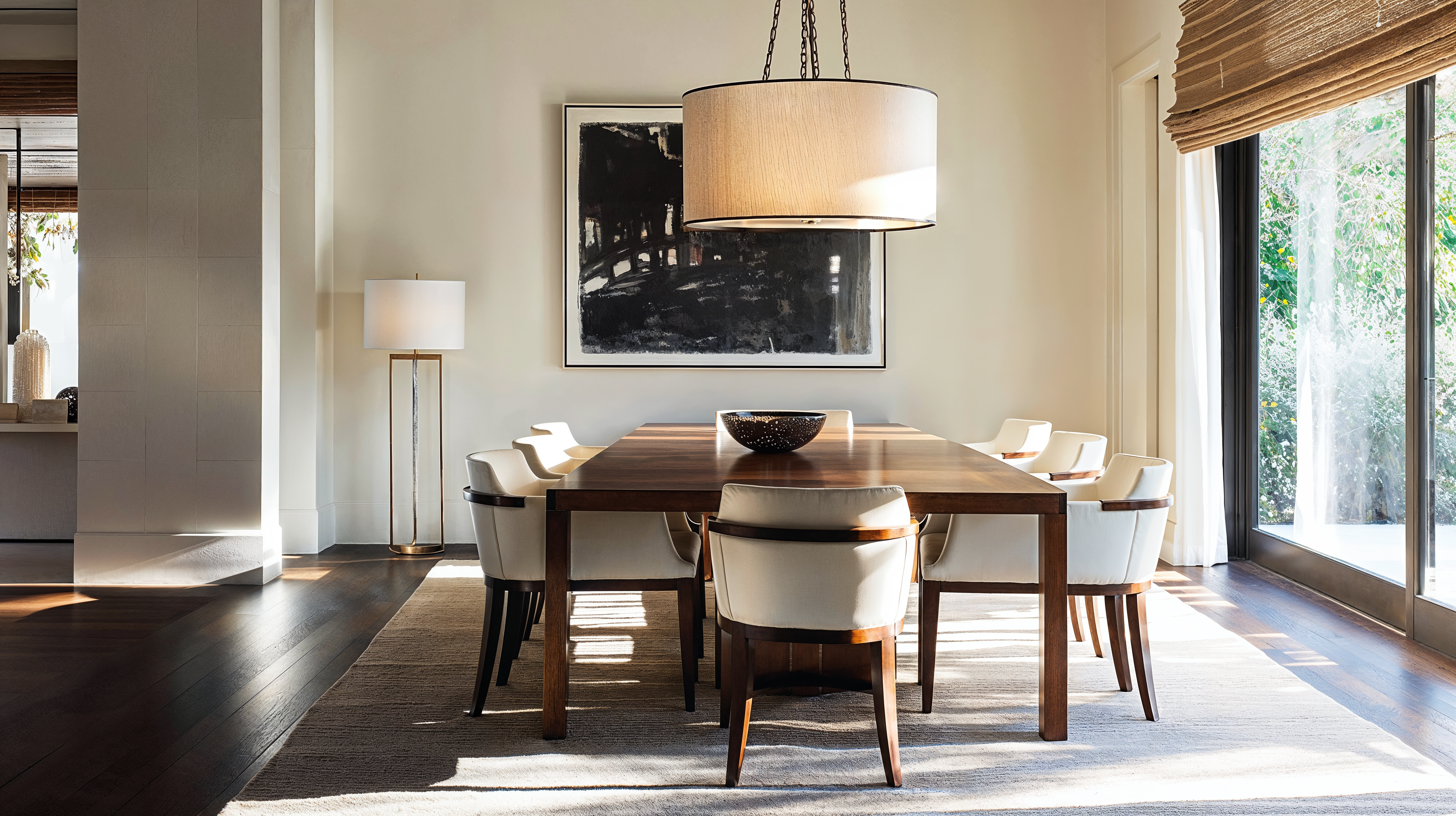 A minimalist dining room featuring a wooden table surrounded by wood and beige upholstered chairs. A beige rug sits underneath the table and rests on top of dark wood floors.