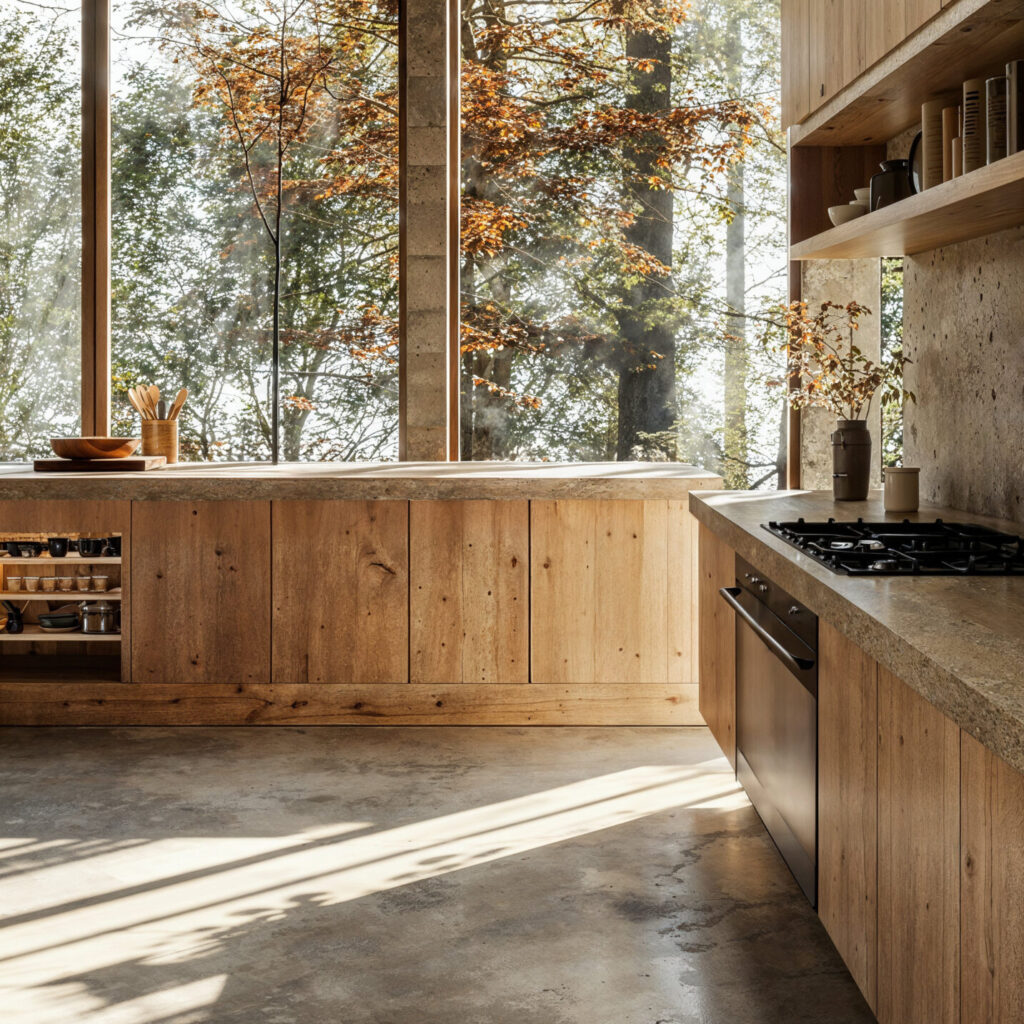 Minimal modern kitchen, transforms your space with a concrete floor and walls, wood cabinets with stone countertops, large windows overlooking forest in the background, sun shining through trees.