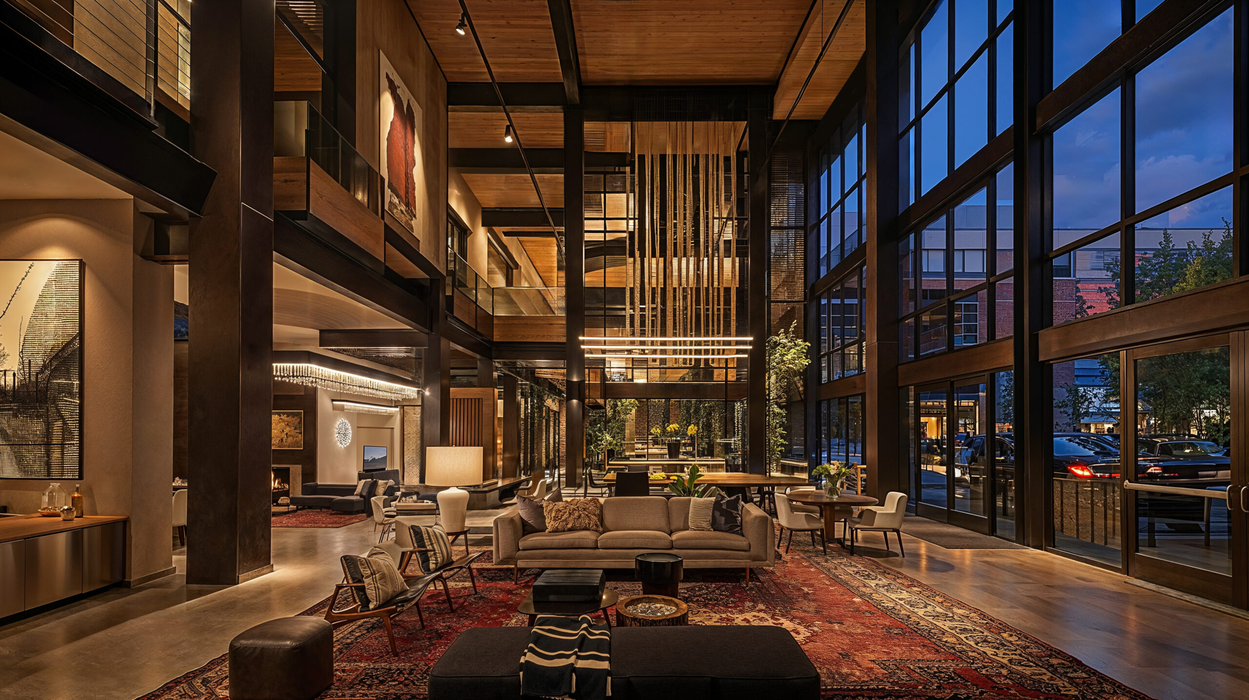 Natural Materials in Mixed-Use Residential Design lobby with wood paneling on the walls and ceilings, floor to ceiling windows, various seating areas with neutral color upholstery and muted red tone area rugs.