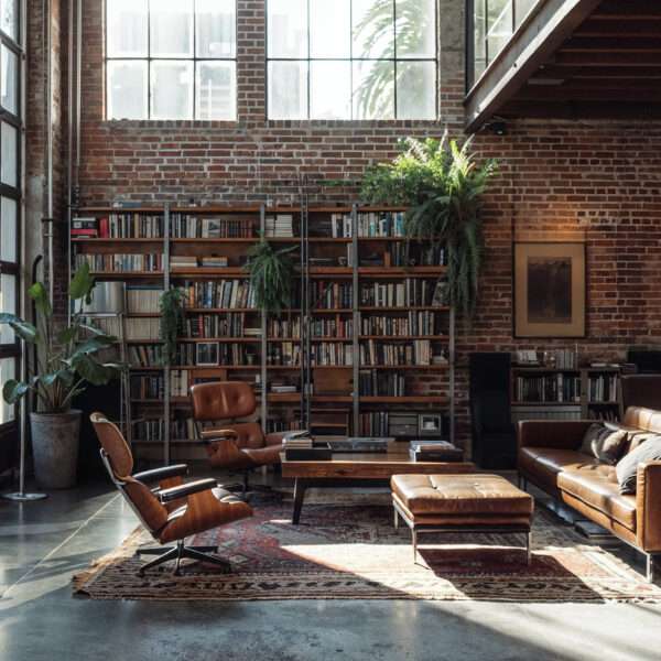 Industrial loft living space with large grid windows, exposed brick walls, and concrete floors mixed with area rugs, brown leather living room furniture, large bookshelves and plants help to warm up the feel of the space.