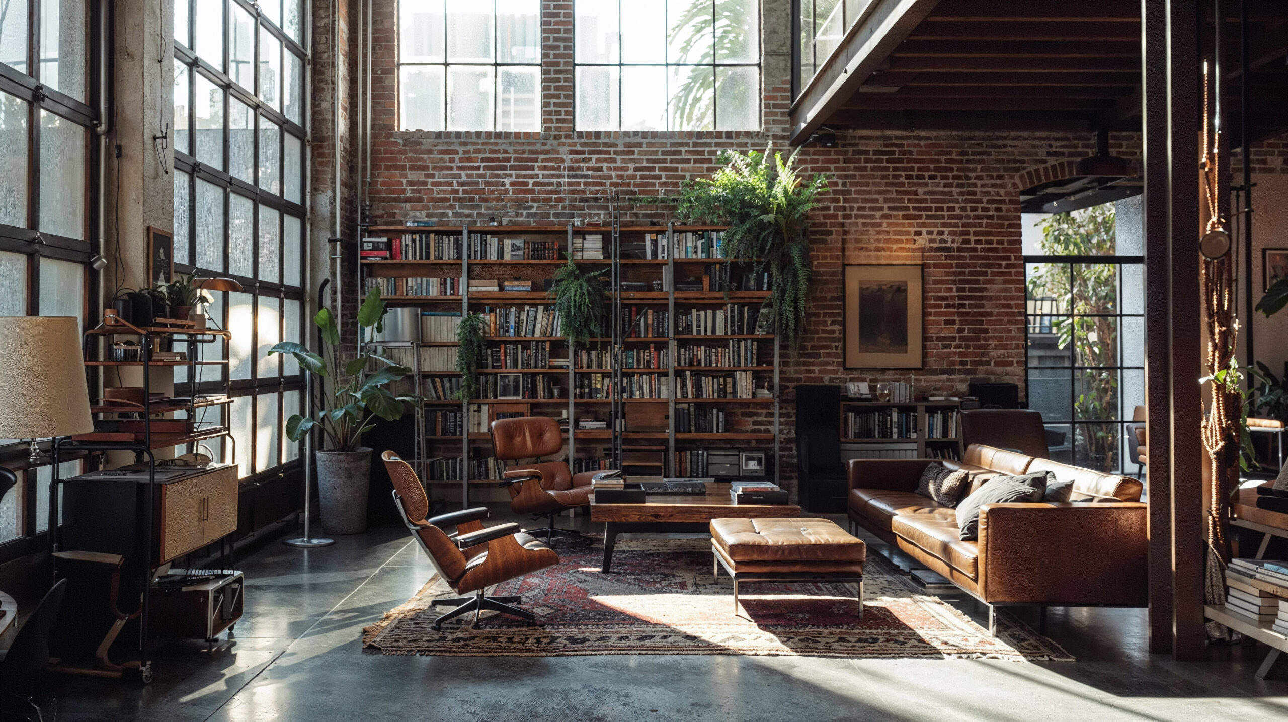 Industrial loft living space with large grid windows, exposed brick walls, and concrete floors mixed with area rugs, brown leather living room furniture, large bookshelves and plants help to warm up the feel of the space.