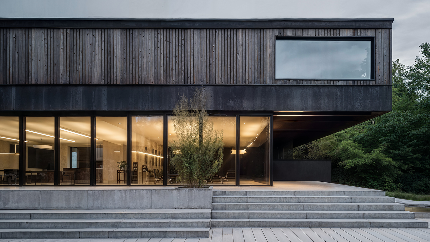 Modern house, wooden cladding combined with black metal accents and glass windows the entrance is framed in dark grey concrete stairs leading to an open air terrace with dining area, surrounded by greenery