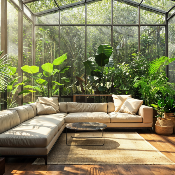 A residential glass room, solarium, with a couch and small coffee table surrounded by a variety of tropical plants.