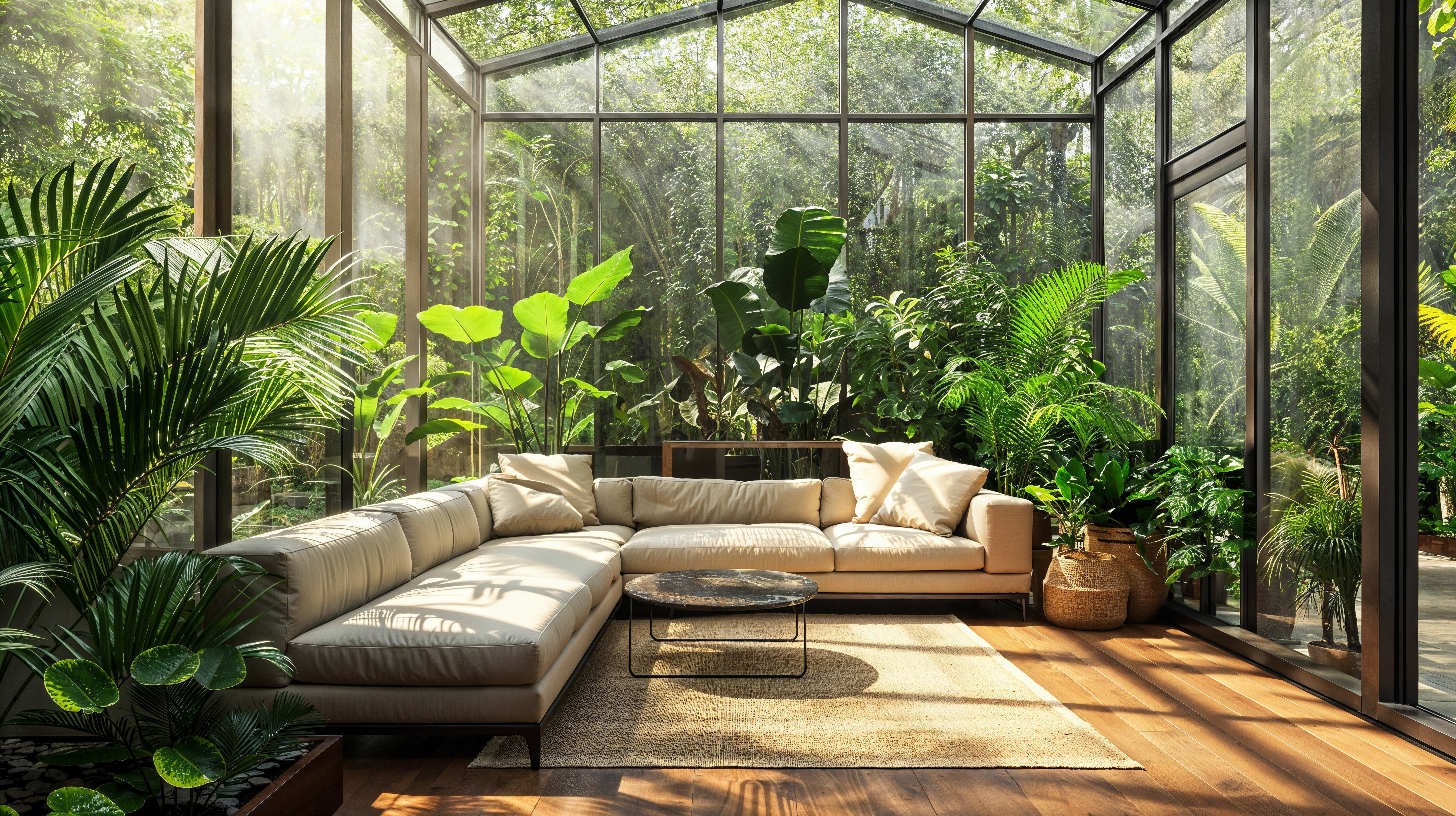 A residential glass room, solarium, with a couch and small coffee table surrounded by a variety of tropical plants.