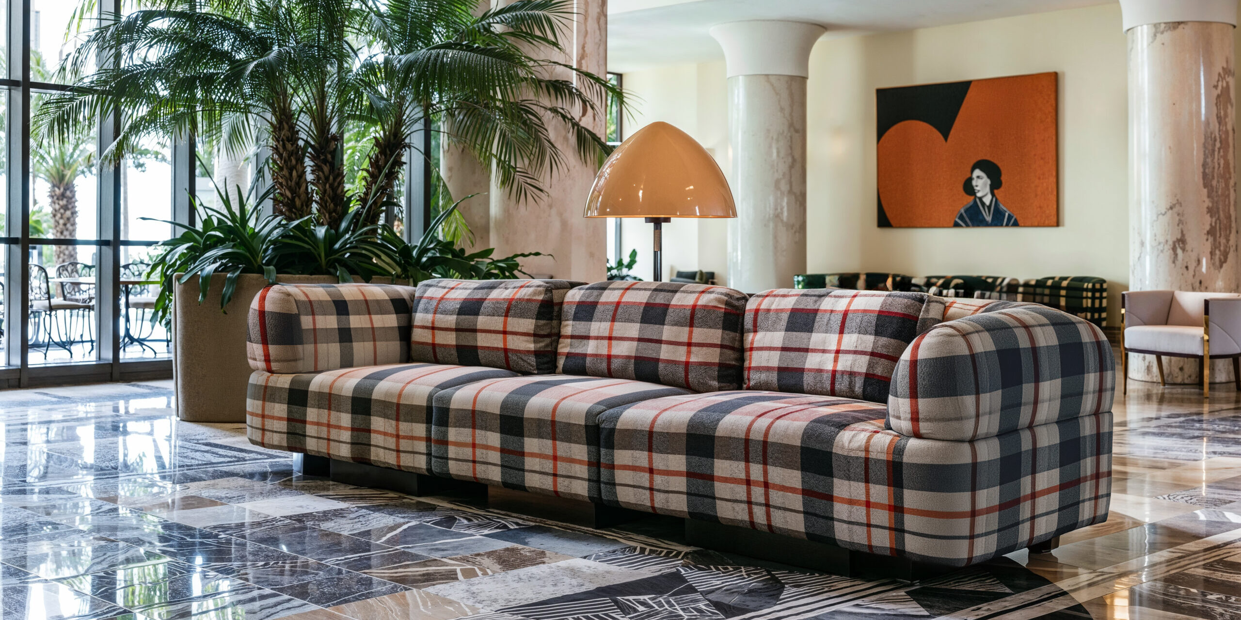 A plaid upholstered couch sitting in a lobby.