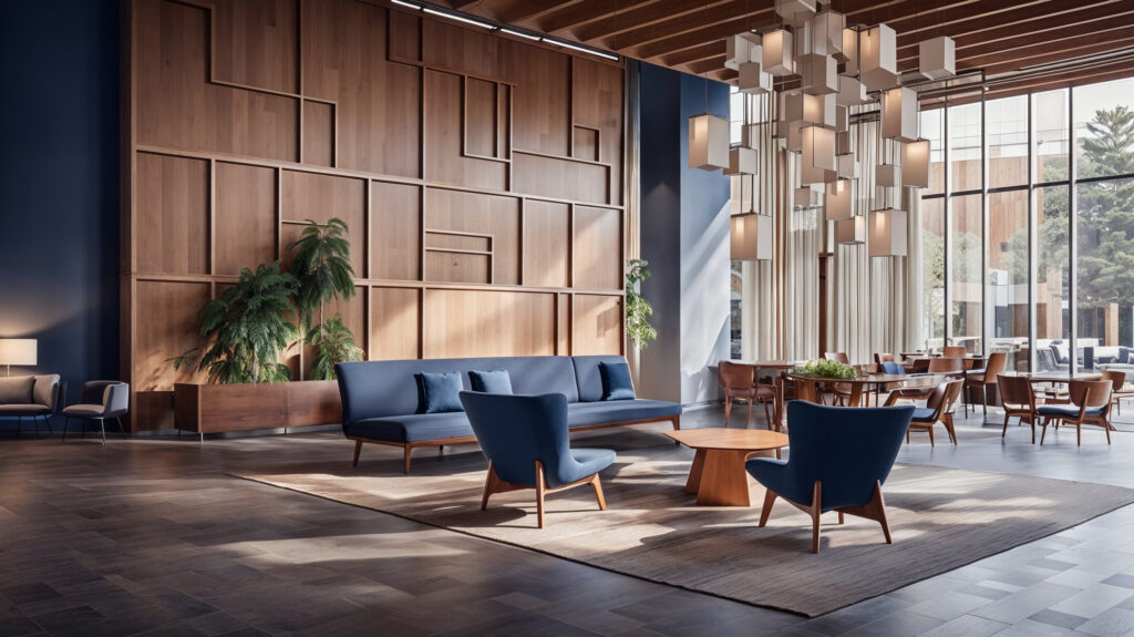 A mid-century modern style hotel lobby, navy blue and wood paneling, large windows with natural light, lounge seating area with armchairs, hanging pendant lights, dining tables in the background.