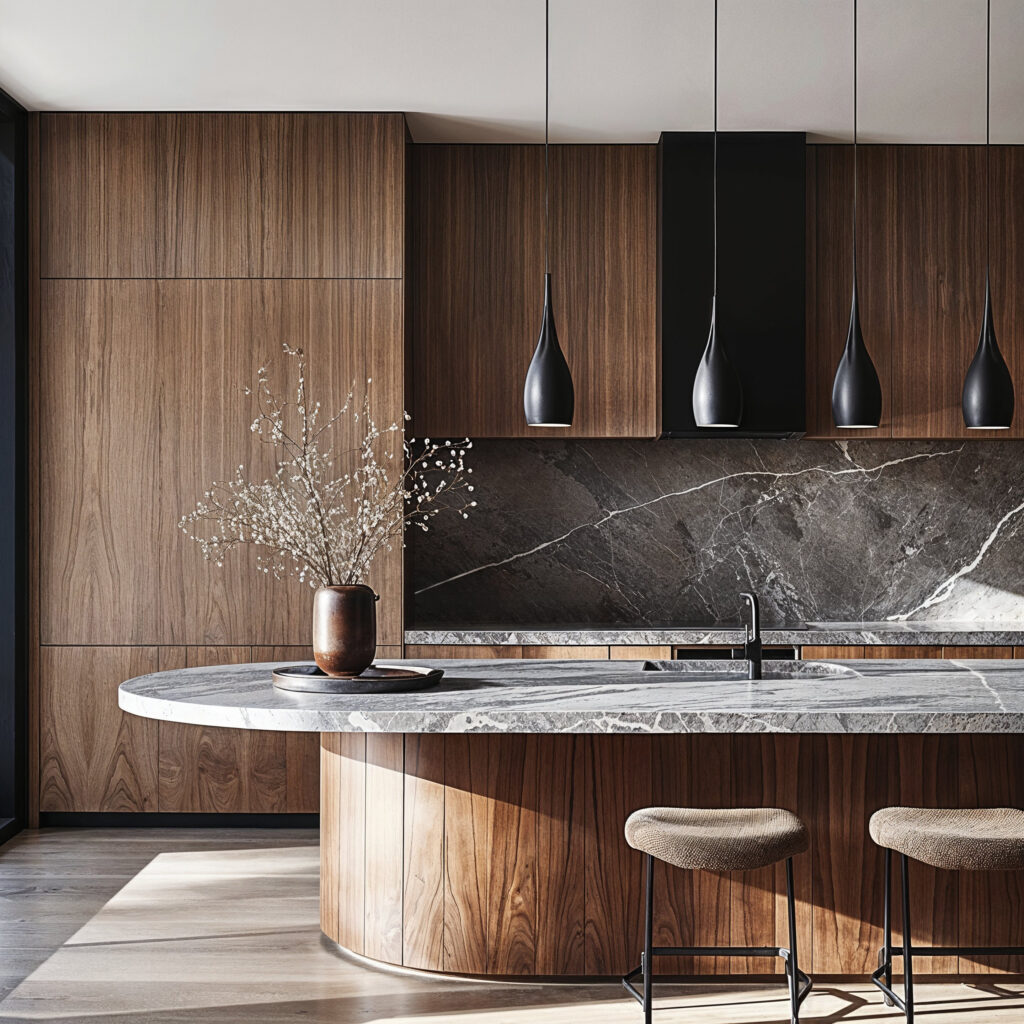 A modern kitchen style with dark marble countertops and backsplash,and dark wood cabinets, minimalistic design, large central island with bar top surface, black pendant lights.