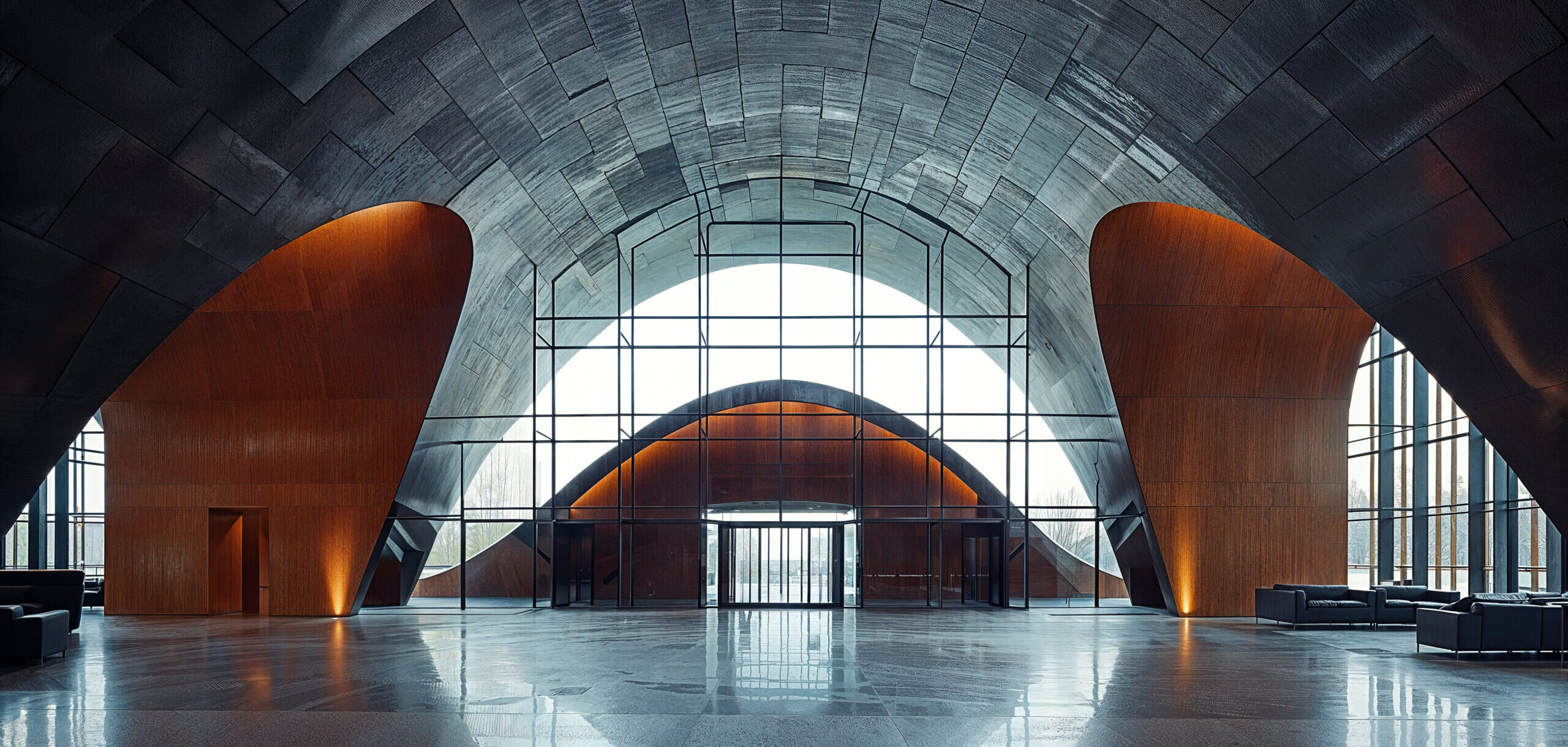 A monumental office entrance with stone floors and high rounded ceilings. Abstract architecture with sofas off to the sides in a waiting area.