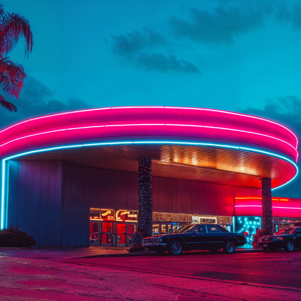 Miami Deco style Movie theater with pink and blue neon lights trimming the edge of the building.