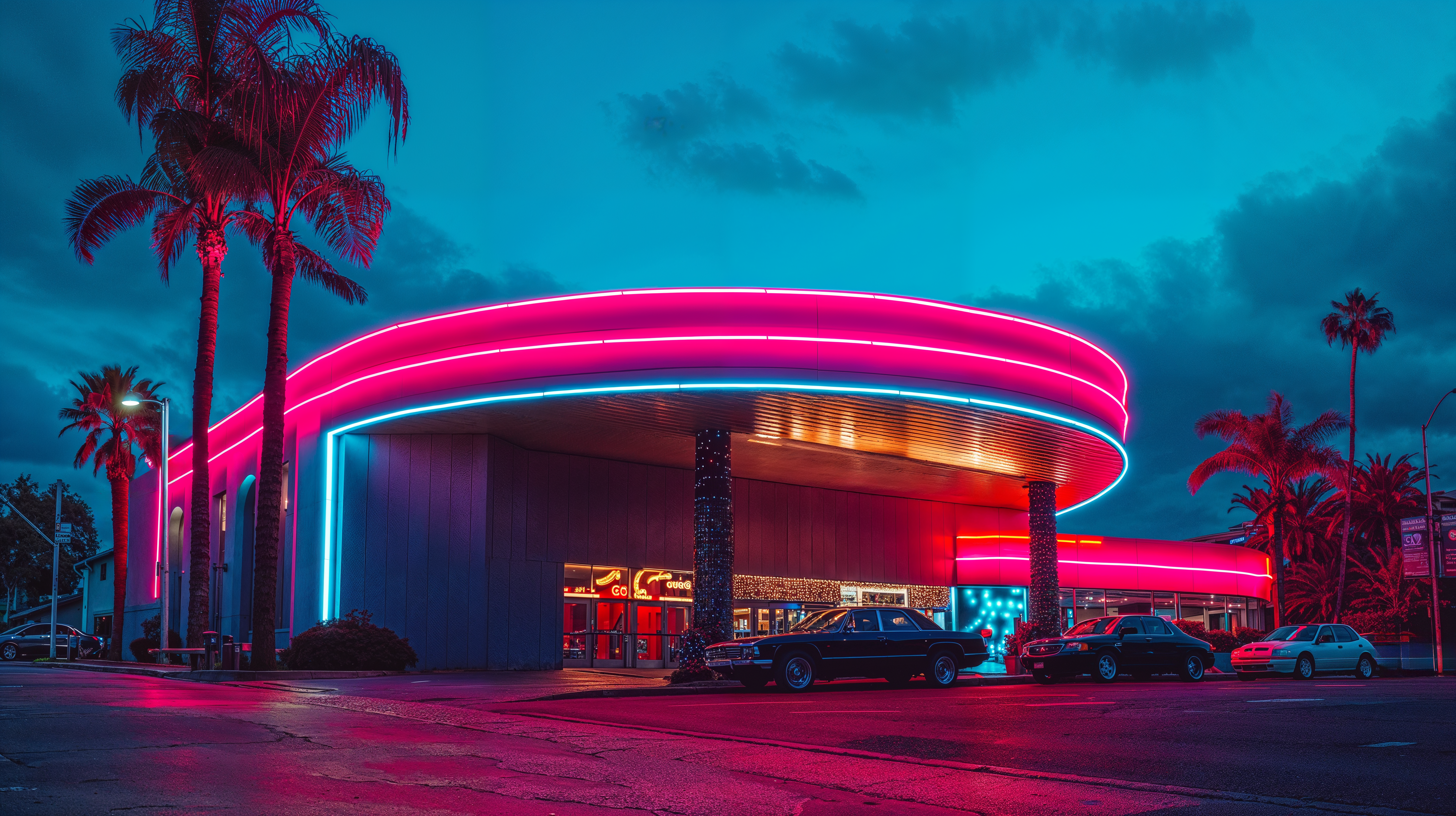 Miami Deco style Movie theater with pink and blue neon lights trimming the edge of the building.