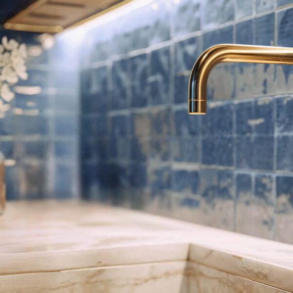 A closeup shot of kitchen hardware, a gold sink faucet.