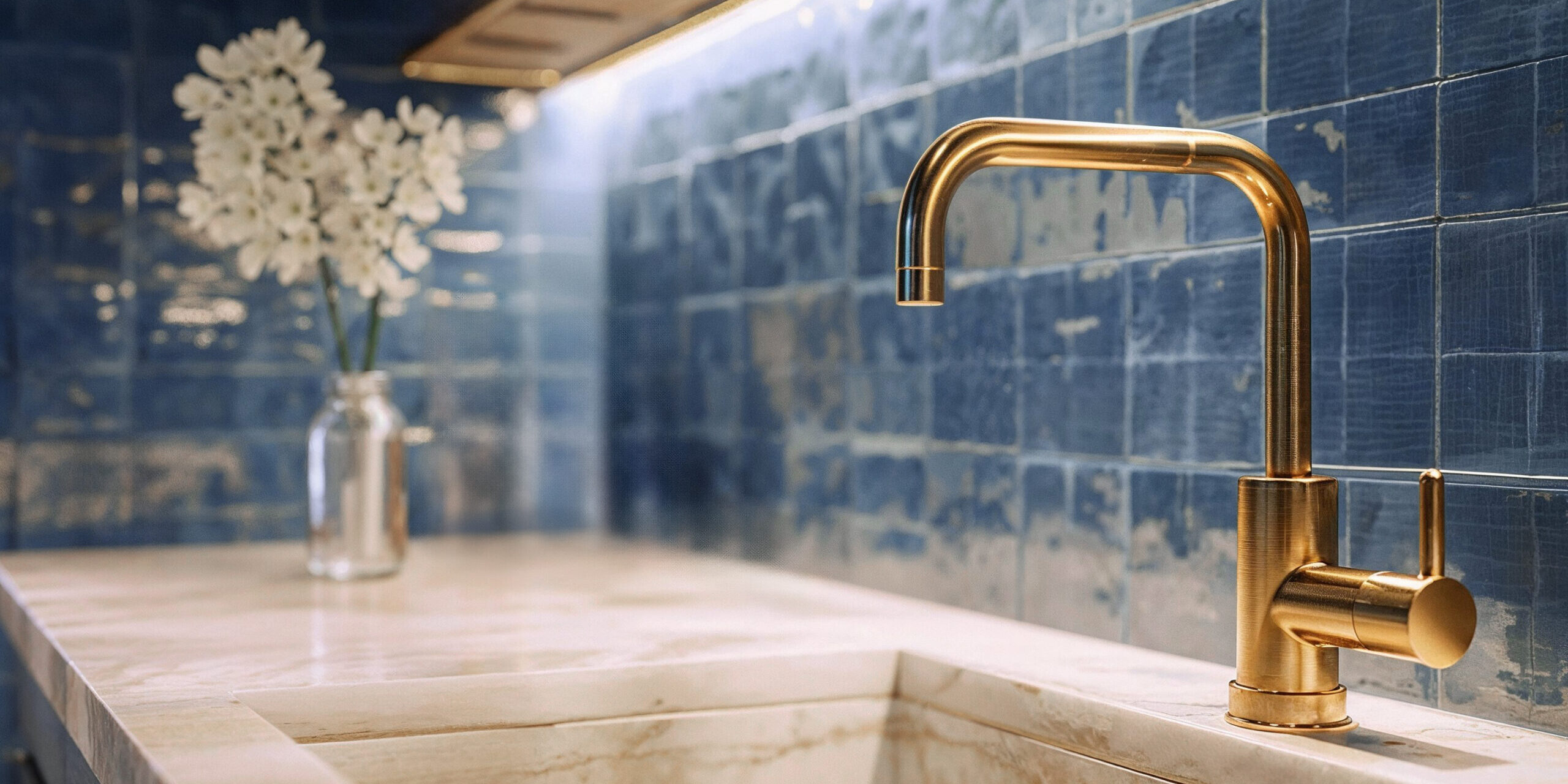 A closeup shot of kitchen hardware, a gold sink faucet.