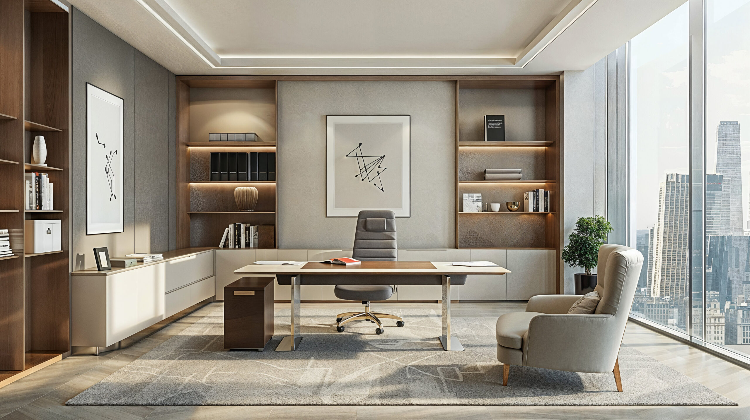 Modern office design in beige and gray color way. Gray area rug over light wood floors. Built in cabinets and shelves wrapped around the walls behind a desk and chair.