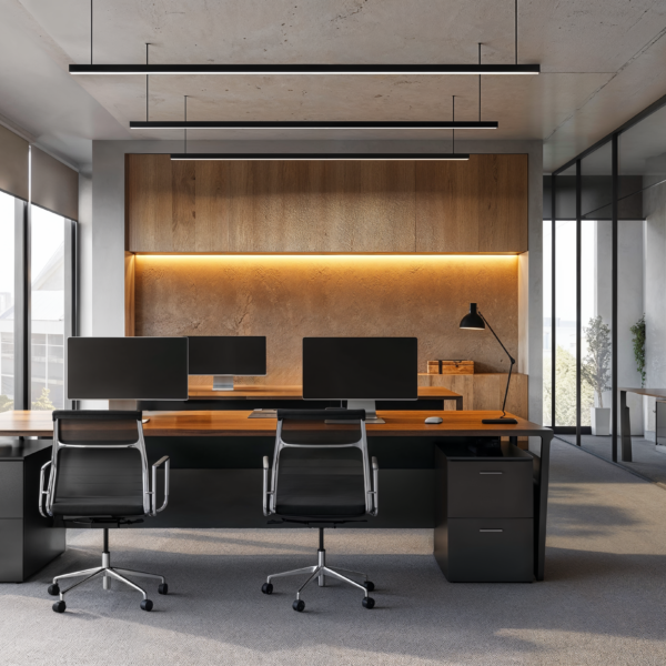 An office with good Lighting Solutions for a Productive Workday has floor to ceiling windows for lots of natural light and desk lighting for direct lighting needs.