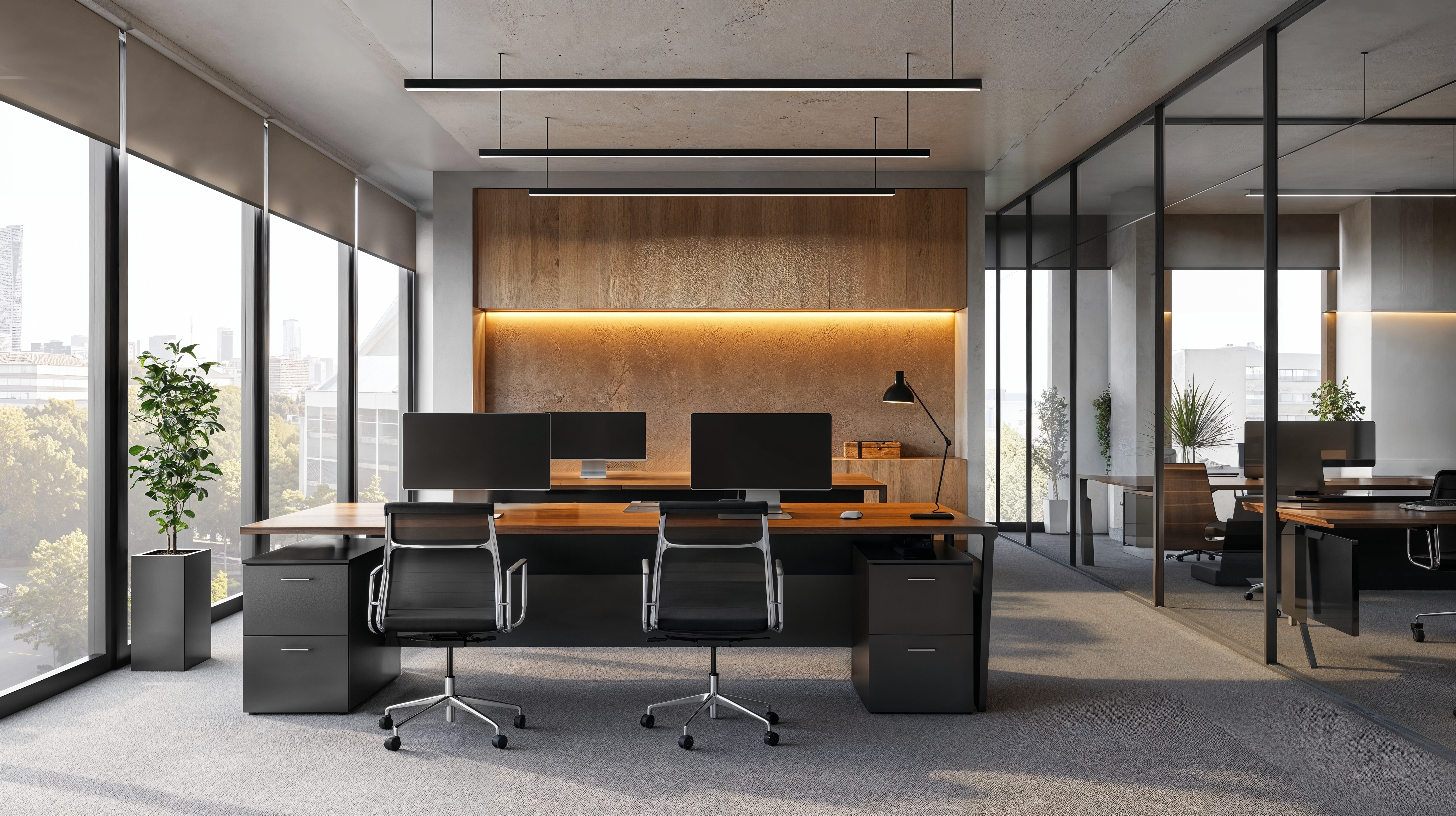 An office with good Lighting Solutions for a Productive Workday has floor to ceiling windows for lots of natural light and desk lighting for direct lighting needs.