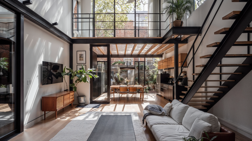 Interior look at a skinny townhouse. Looking towards the back of the house is the living room area with couch and in the back a kitchen with dining room table. There are glass windows on both floors bathing the space in light. Wood and steel stairs lead to the second floor off to the right of the room. 