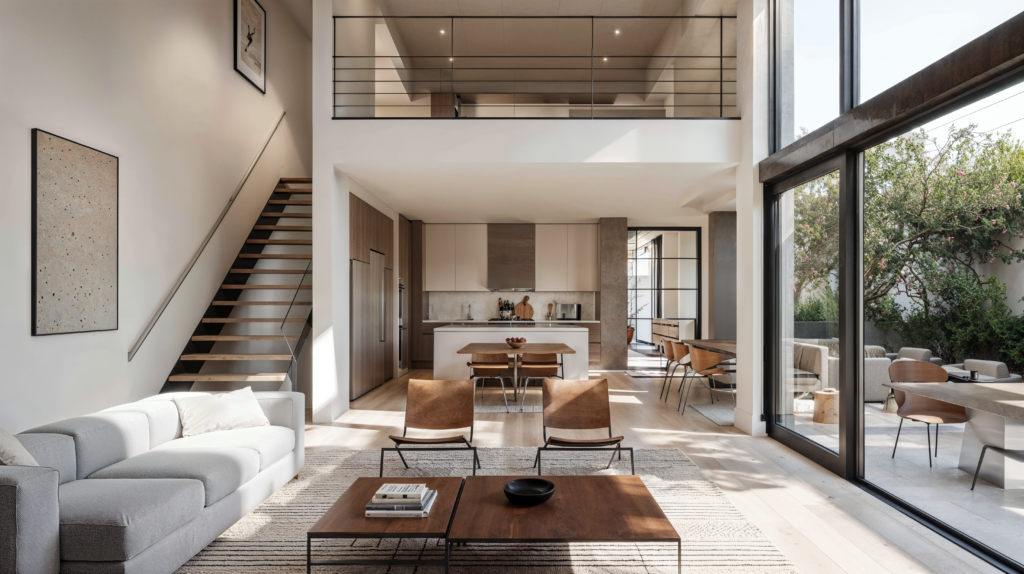 An interior view of a skinny townhouse. It has an open and airy feel thanks to the floor to ceiling glass wall with a sliding glass door in it. The room is made up of white, beige and brown colors in natural materials. An open floor concept with a kitchen, dining area and living room on the bottom floor with stairs up to a loft area. Outside the sliding glass door is an out door dining area. 