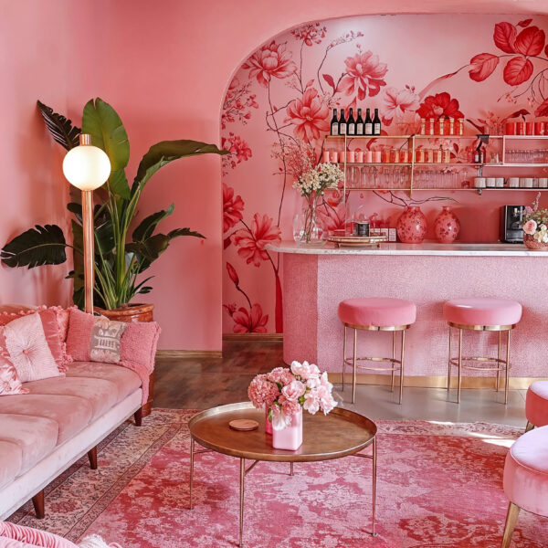 A monochrome interior living room in various shades of pink.