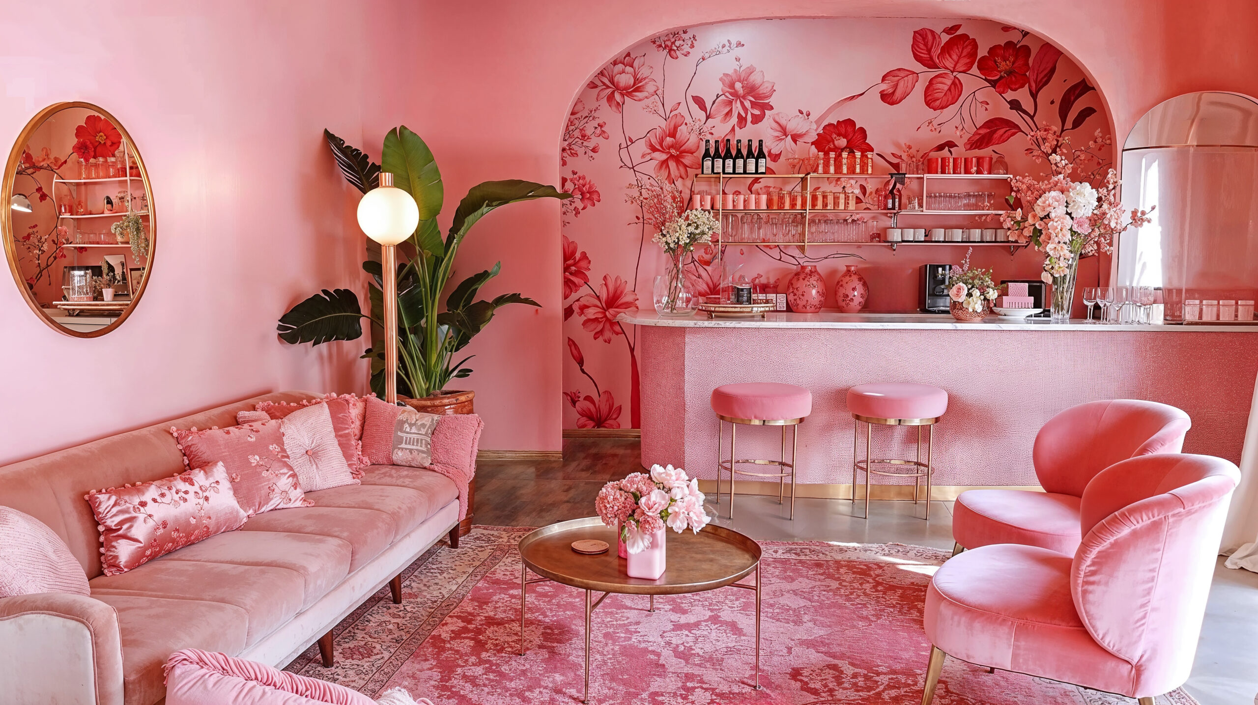 A monochrome interior living room in various shades of pink.