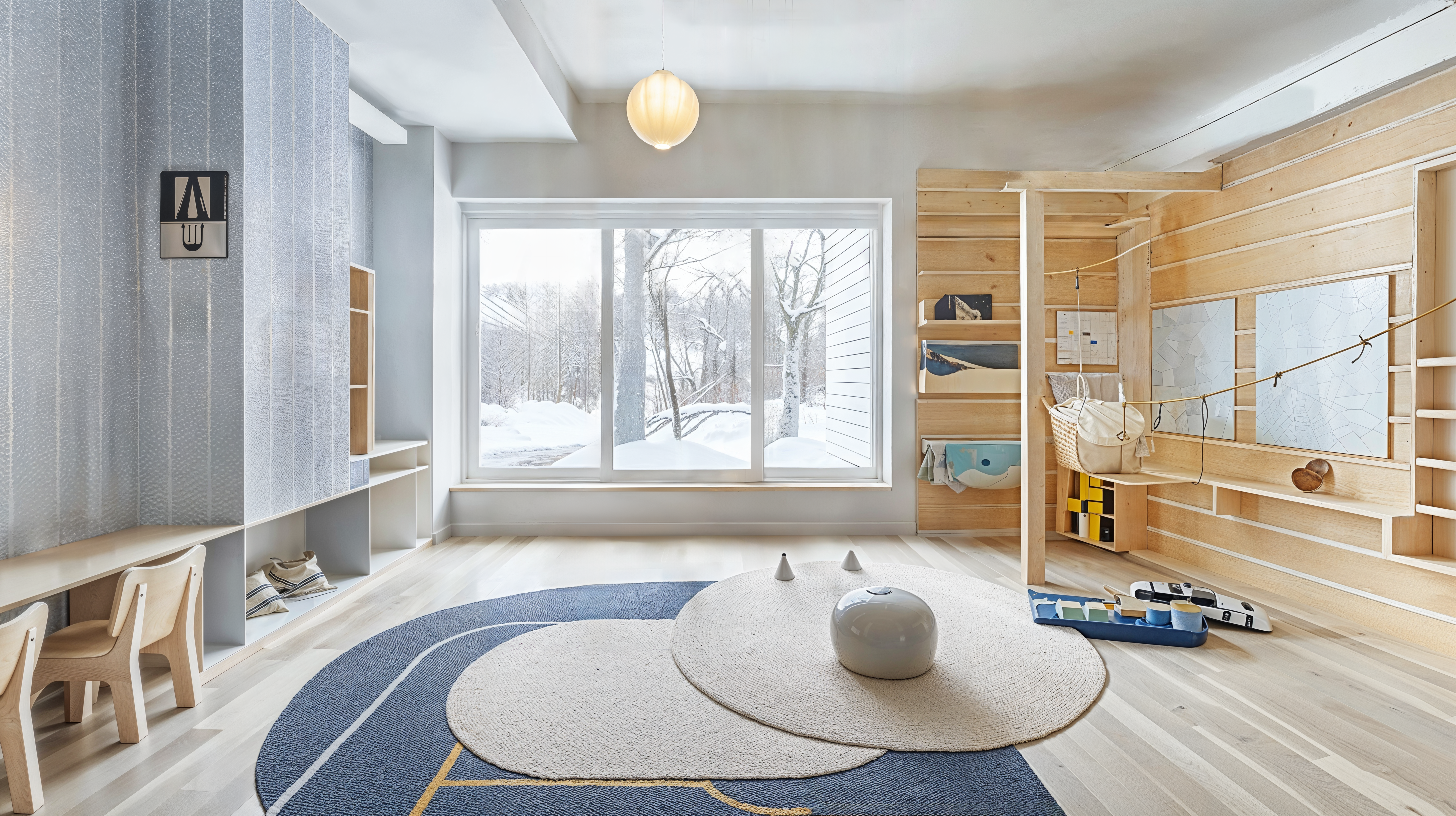 A posh playroom with light wood flooring, with several different shaped area rugs laying over it. Wood paneled walls on one side of the room that have built in shelving and racks and soft blue wallcovering with a delicate pattern on the other side of the room. Large windows looking outside.