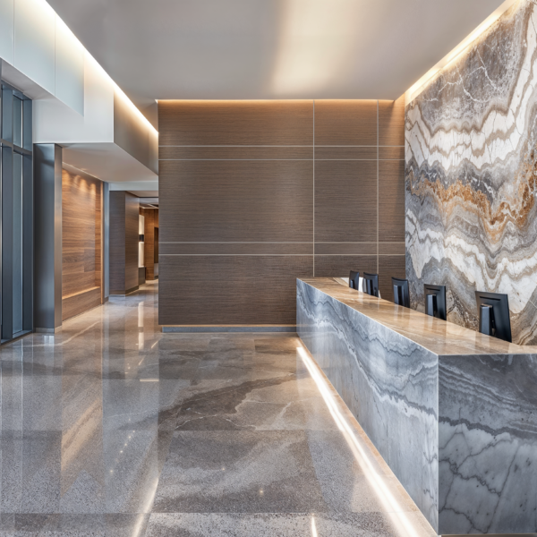 A commercial space lobby with quartz walls and desk in a sleek modern design.