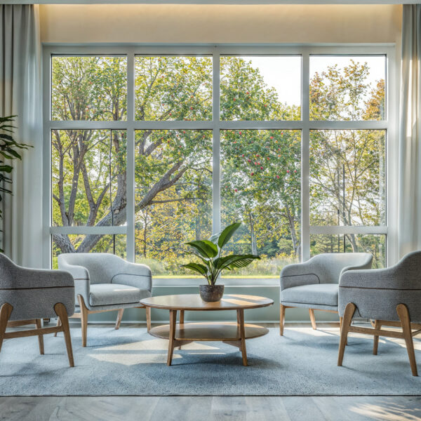 A modern relaxation area in a senior living center with grey chairs and a wooden coffee table, a large window overlooking trees, an interior design of a modern living space in a light blue color scheme in the style of Scandinavian style.