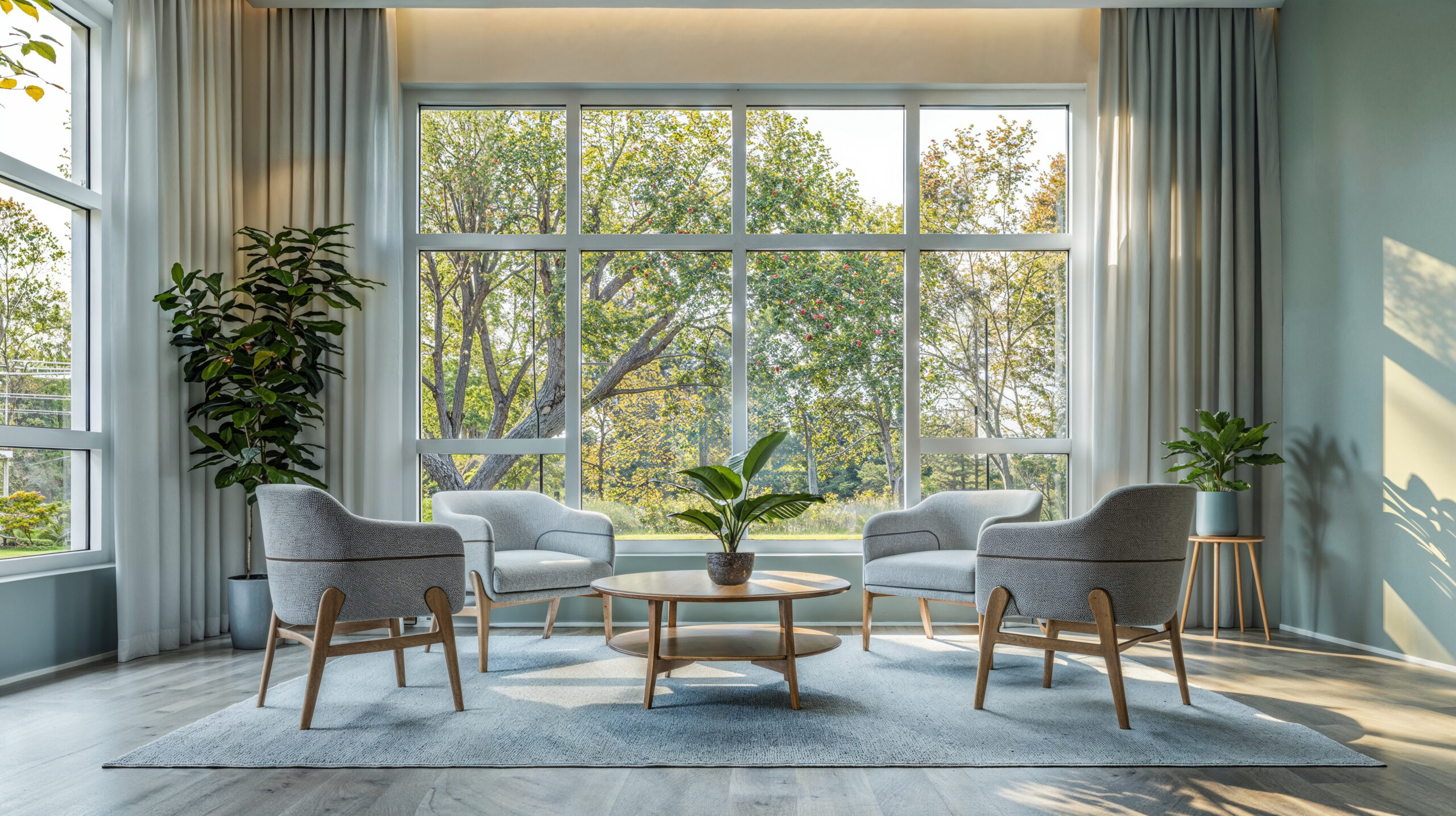 A modern relaxation area in a senior living center with grey chairs and a wooden coffee table, a large window overlooking trees, an interior design of a modern living space in a light blue color scheme in the style of Scandinavian style.