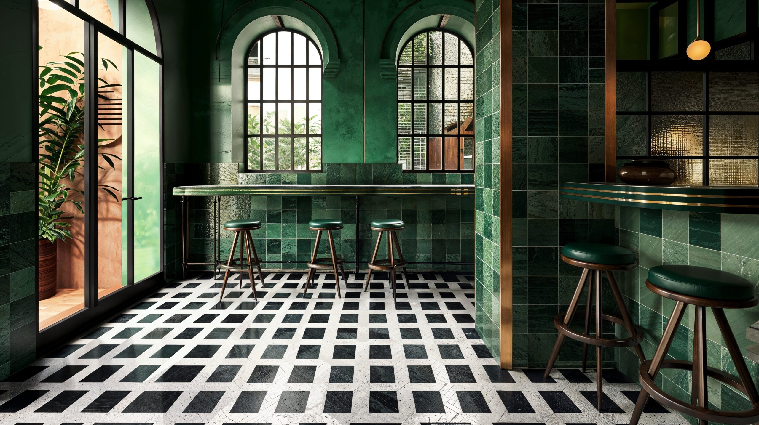 Restaurant with emerald green tiled walls and black and white floors.