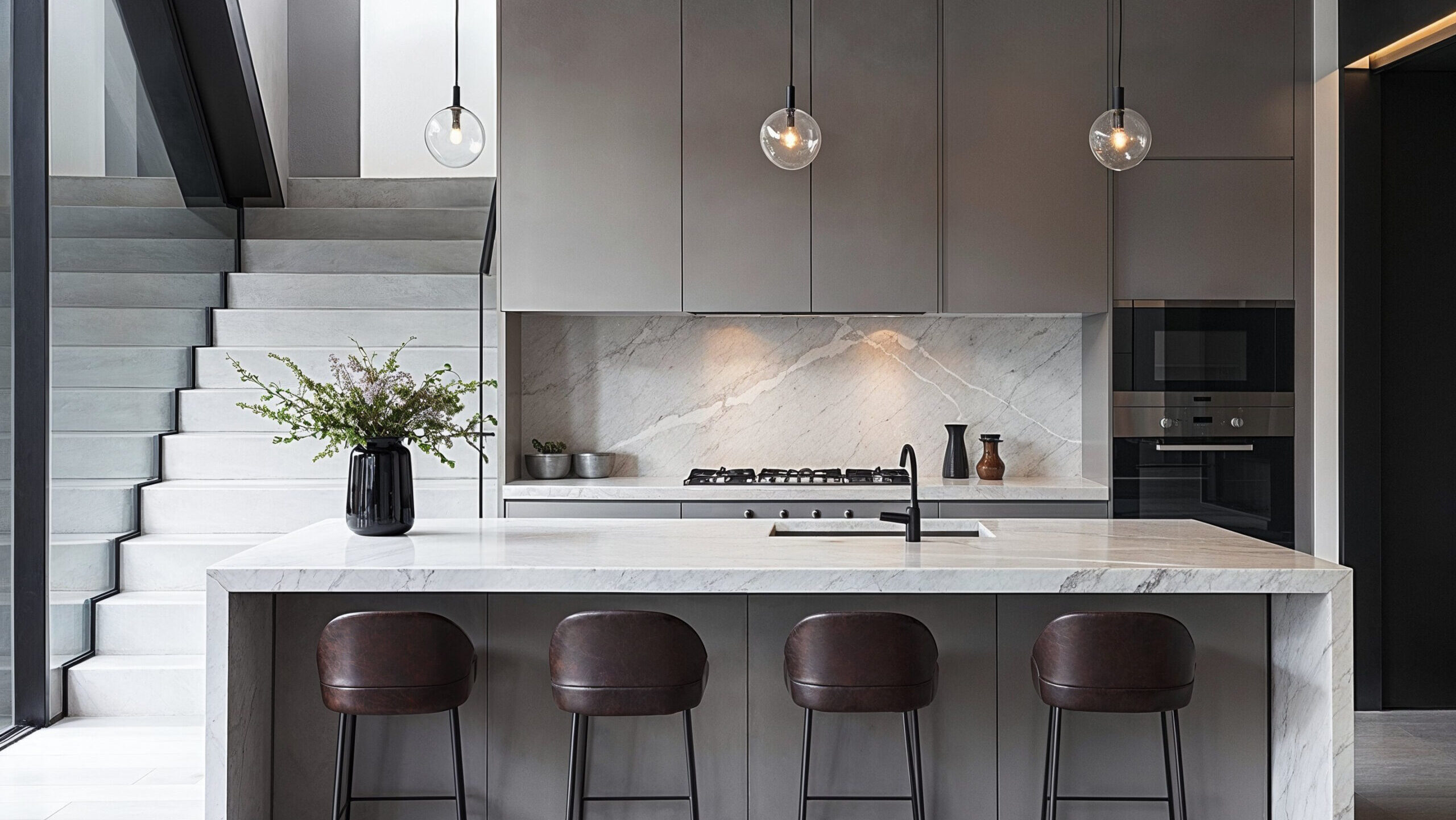 A minimalist kitchen with grey cabinets, white marble countertop and dark brown leather barstools, black pendant lights above kitchen, stairway on left side leading upstairs.