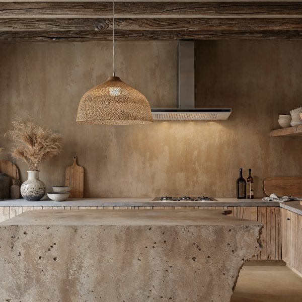 Wabi-sabi kitchen with stone island, wood cabinets and neutral color palette.